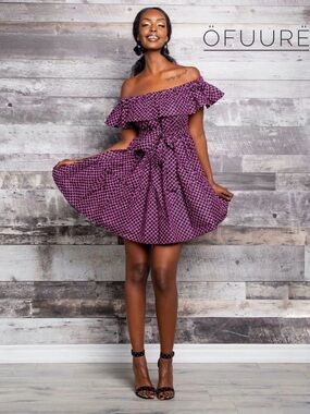OFUURE KRISTA Fit Flare Mini Dress Off Shoulder Ruffled Black Pink Graphic 1-3XL